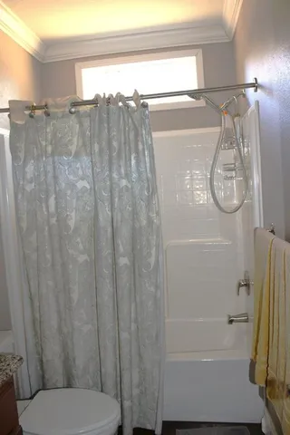 a bathroom with a shower and a toilet