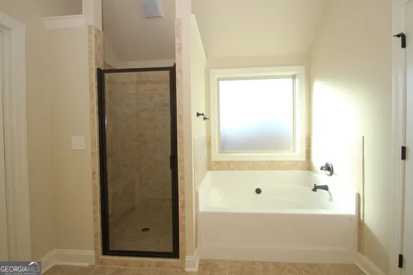 a bathroom with a bathtub and a shower