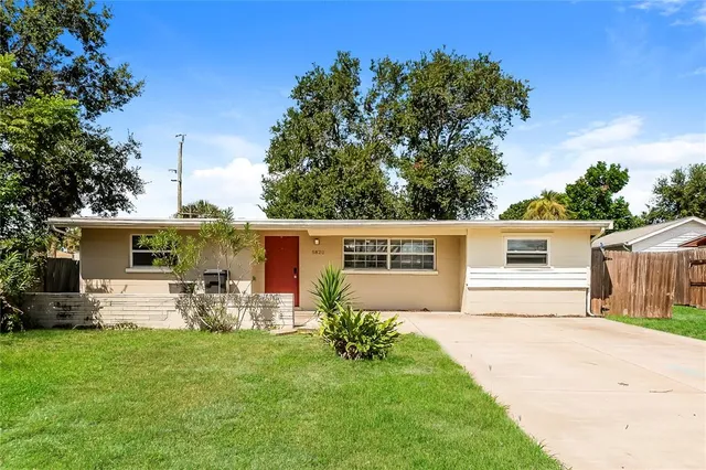 a view of a backyard with table and chairs potted plants and a large tree