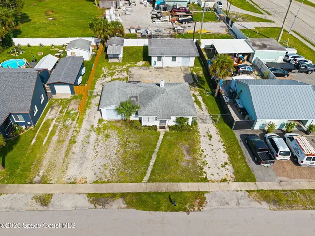 an aerial view of a swimming pool