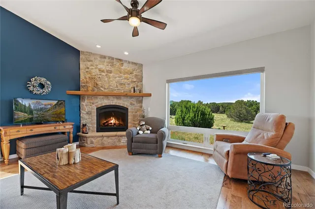 a living room with furniture a fireplace and a flat screen tv