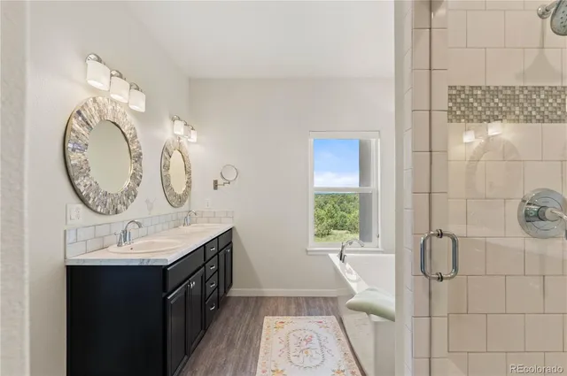 a bathroom with a double vanity sink and a mirror