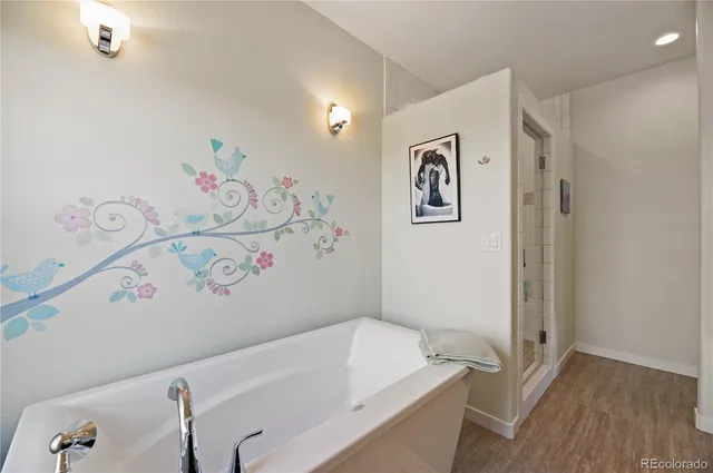 a bathroom with a bathtub and a shower