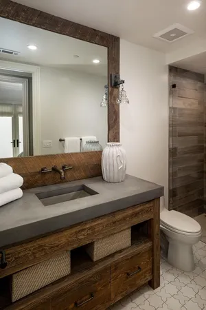 a bathroom with a double vanity sink a mirror and a shower