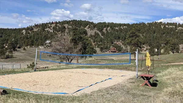 a view of a swimming pool with a yard
