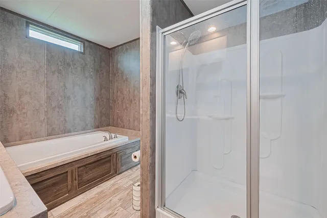 a bathroom with a shower and a stove