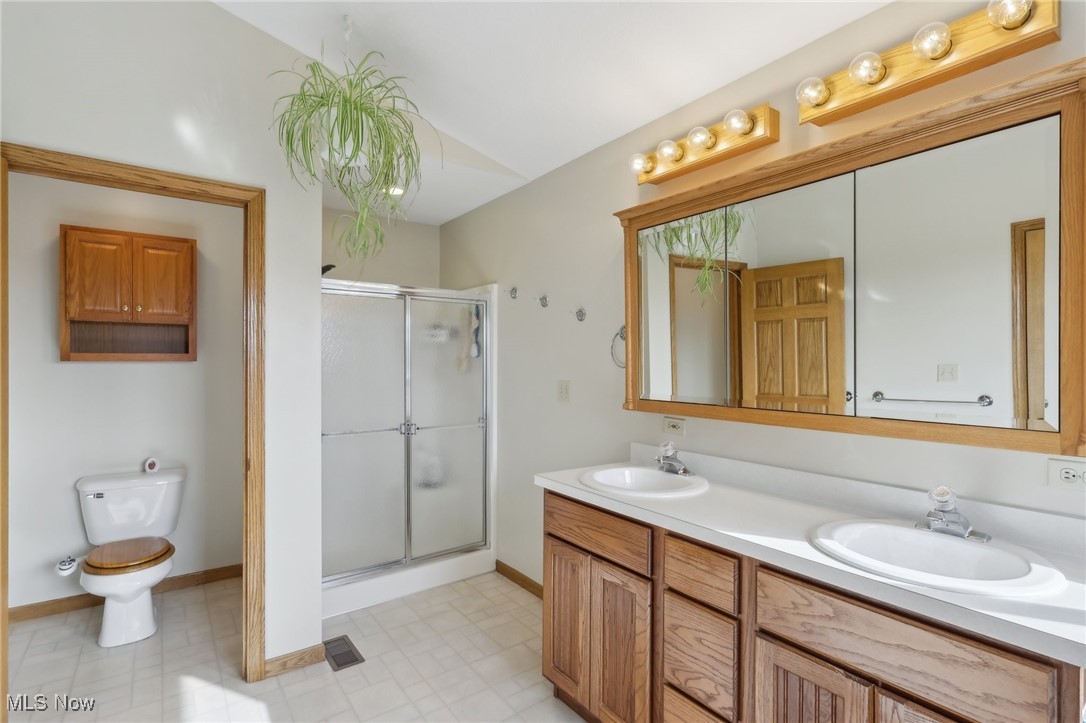 5475 Windfall Road Medina, OH 44256 - Photo 18 of 41 Second floor Primary Bathroom with vanity, a shower with door, toilet, and lofted ceiling