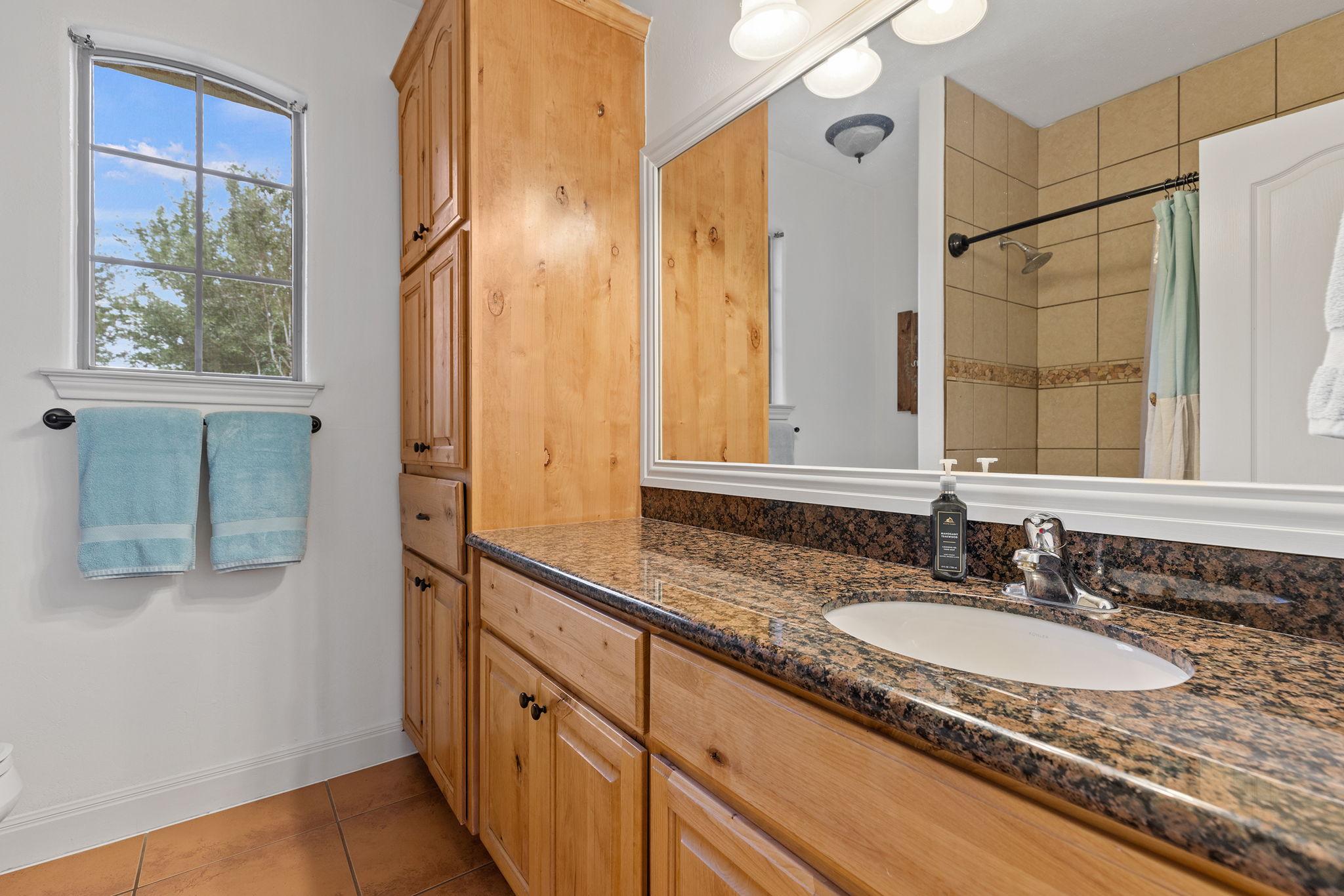 17308 St Therese Road Manor, TX 78653 - Photo 22 of 40 a bathroom with a granite countertop sink and a mirror