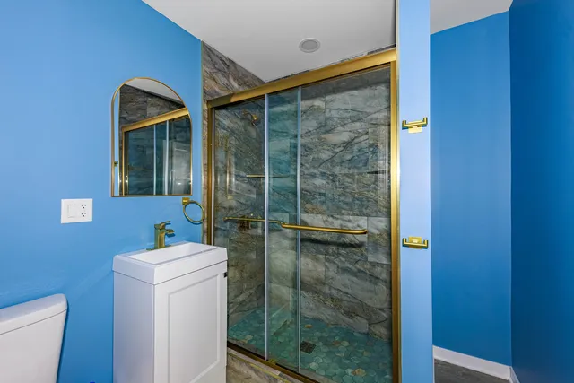 a bathroom with a toilet and a shower