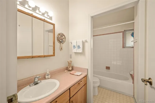 a bathroom with a granite countertop sink a toilet and shower