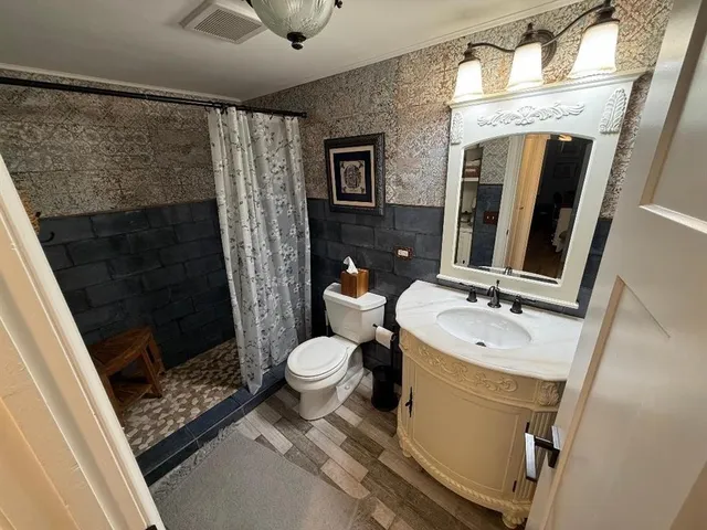 a bathroom with a sink a toilet a mirror and shower