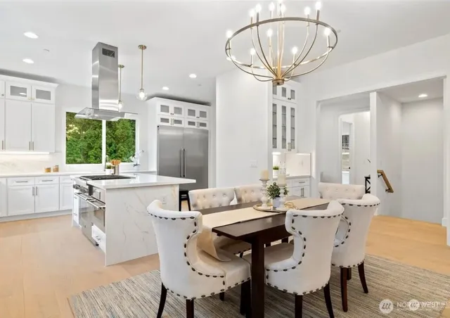a view of a dining room with furniture