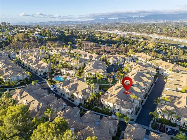 an aerial view of a swimming pool