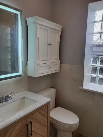 a bathroom with a toilet a sink and mirror
