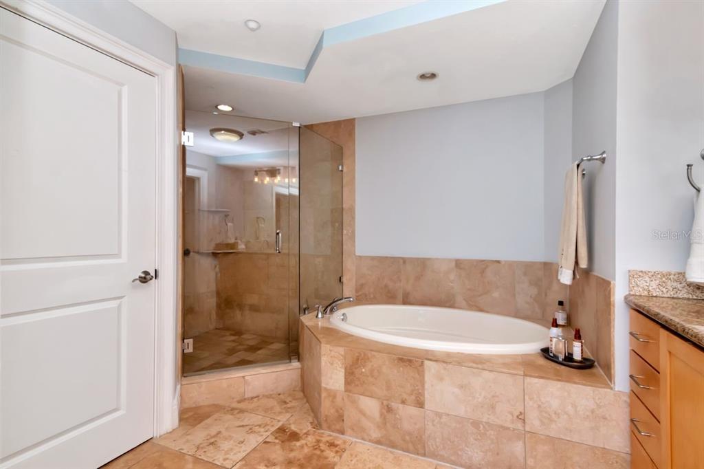 1350 Gulf Boulevard, Unit 301 Clearwater Beach, FL 33767 - Photo 21 of 75 a bathroom with a tub a toilet and a shower