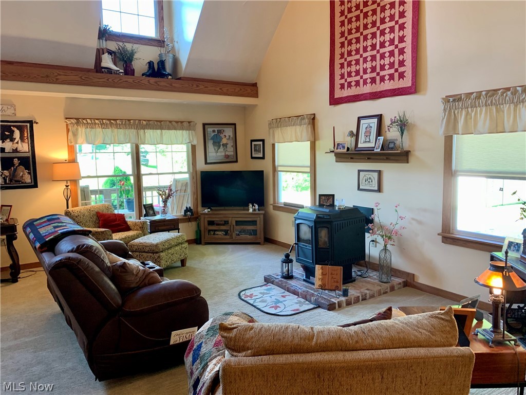 373 South Ridge Road West Conneaut, OH 44030 - Photo 10 of 50 Carpeted living room featuring high vaulted ceiling and a wood stove