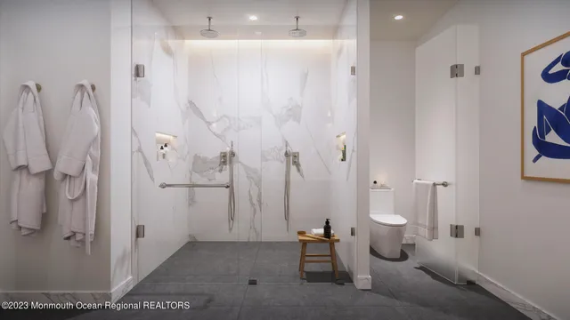 a bathroom with a shower and a toilet