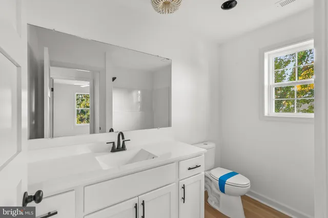 a bathroom with a sink a toilet and a mirror