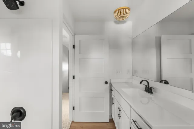 a view of bathroom with a sink mirror and shower