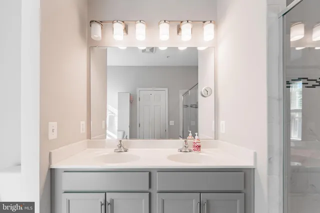 a bathroom with a double vanity sink mirror and shower