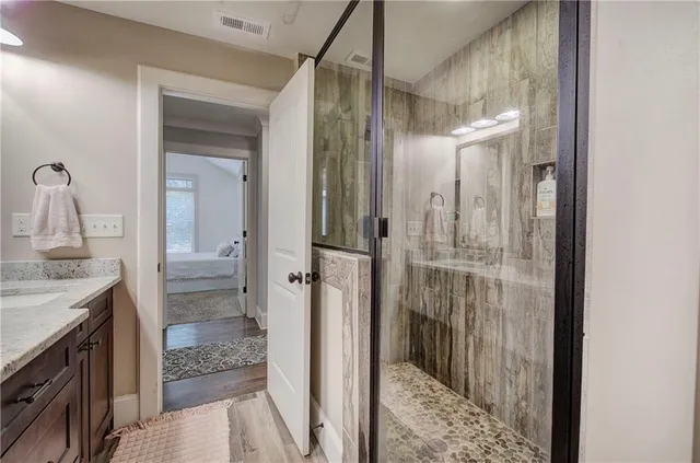 a view of a forest with trees