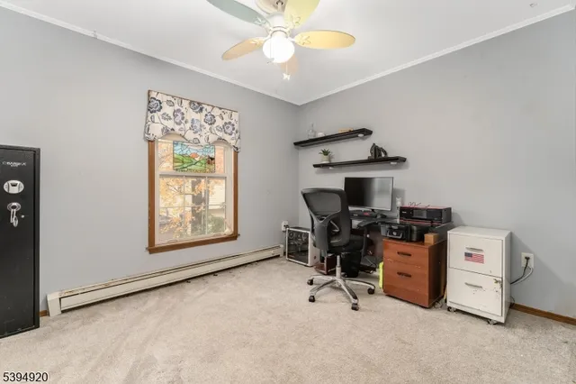 a view of workspace with windows and ceiling fan