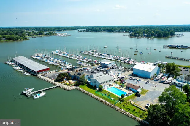 a view of a lake with boats next to a bridge