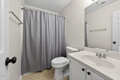 a bathroom with a sink a toilet and shower curtain