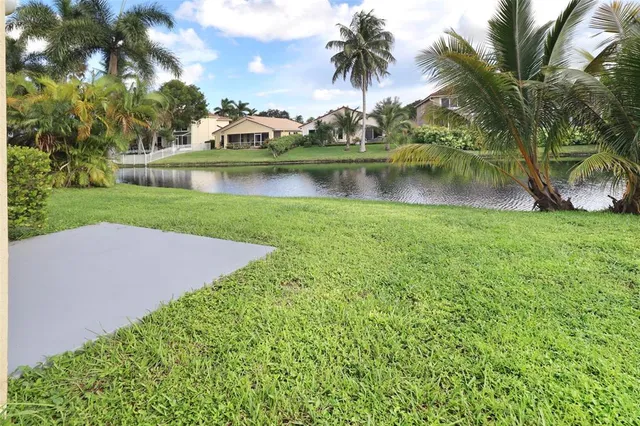 a view of a lake with a big yard and palm trees