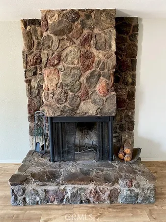 a view of a fireplace with a tree in front
