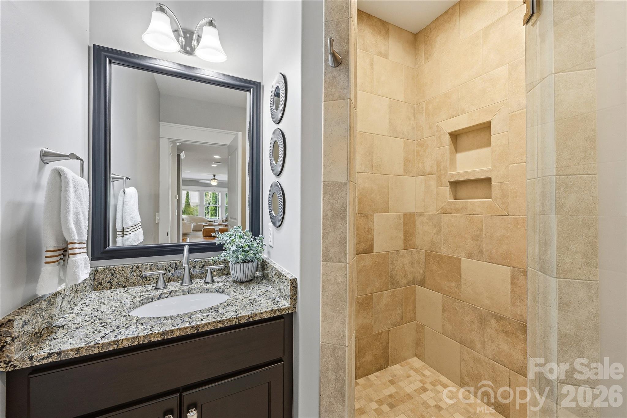 30 Still Creek Loop Fairview, NC 28730 - Photo 23 of 45 a bathroom with a granite countertop sink a mirror and shower