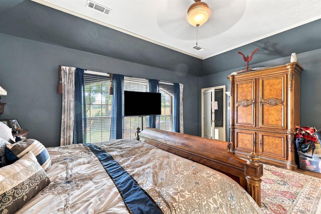 1762 Timber Ridge Circle Corinth, TX 76210 - Photo 18 of 29 Spacious primary bedroom featuring slate blue walls, dual glass doors with natural light, wall-mounted flat-screen television, wood-finish cabinetry with decorative hardware, and a ceiling-mounted light fixture