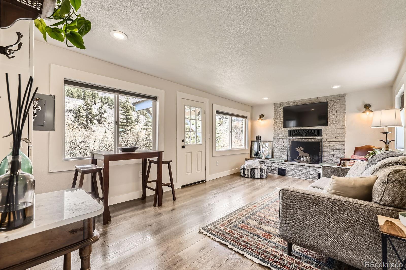 57920 US Highway 285, Unit 8 Bailey, CO 80421 - Photo 3 of 29 a living room with furniture a flat screen tv and large windows