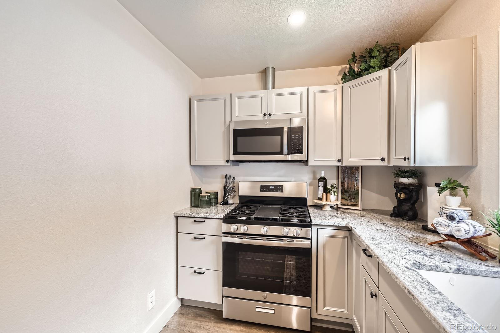 57920 US Highway 285, Unit 8 Bailey, CO 80421 - Photo 10 of 29 a kitchen with stainless steel appliances granite countertop white cabinets a stove top oven a sink and dishwasher