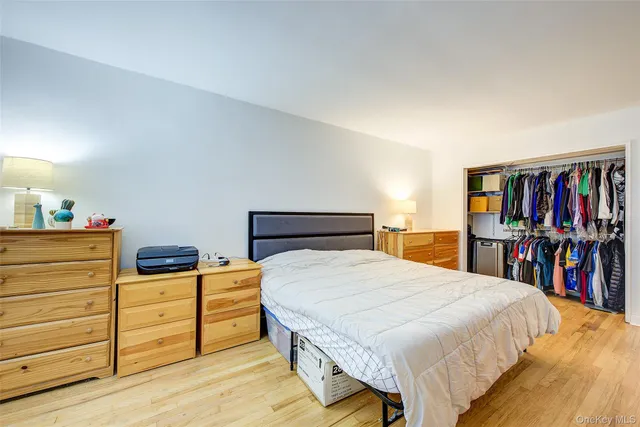 a bedroom with a bed and closet