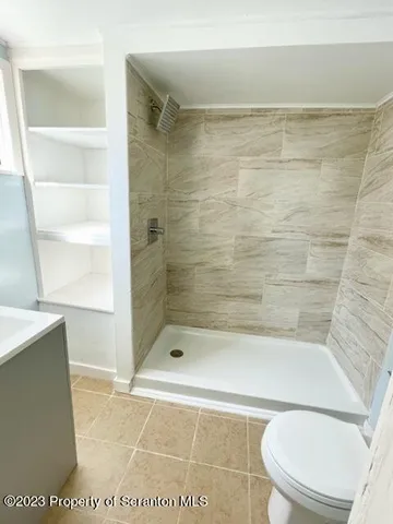a bathroom with a shower and a toilet
