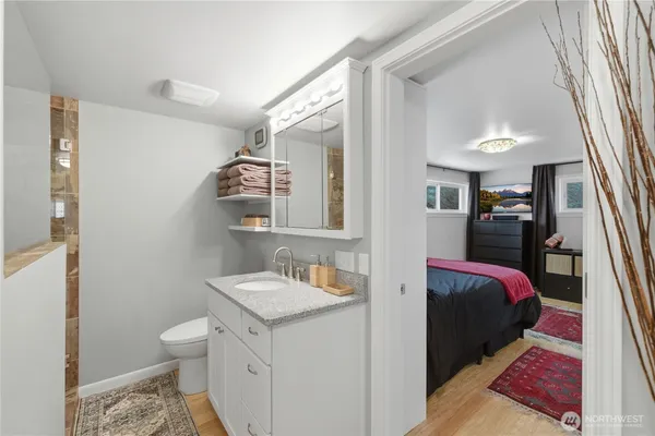 a bathroom with a sink mirror vanity and toilet