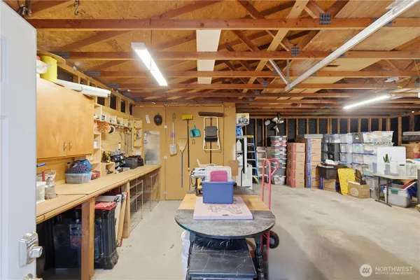 a view of a storage room with furniture