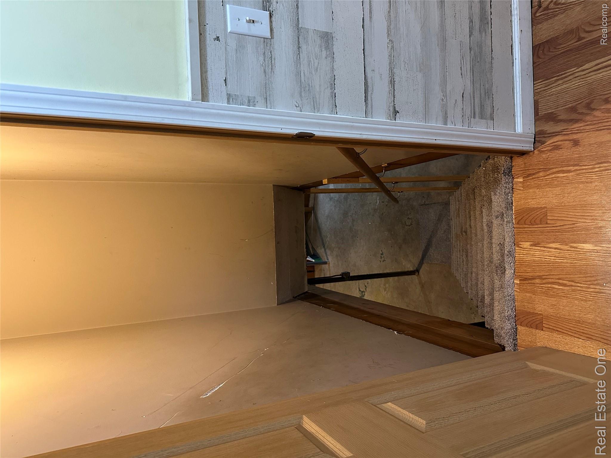 2430 Coolidge Road Barryton, MI 49305 - Photo 7 of 29 Carpeted stairwell with a wood handrail leading to a concrete floor