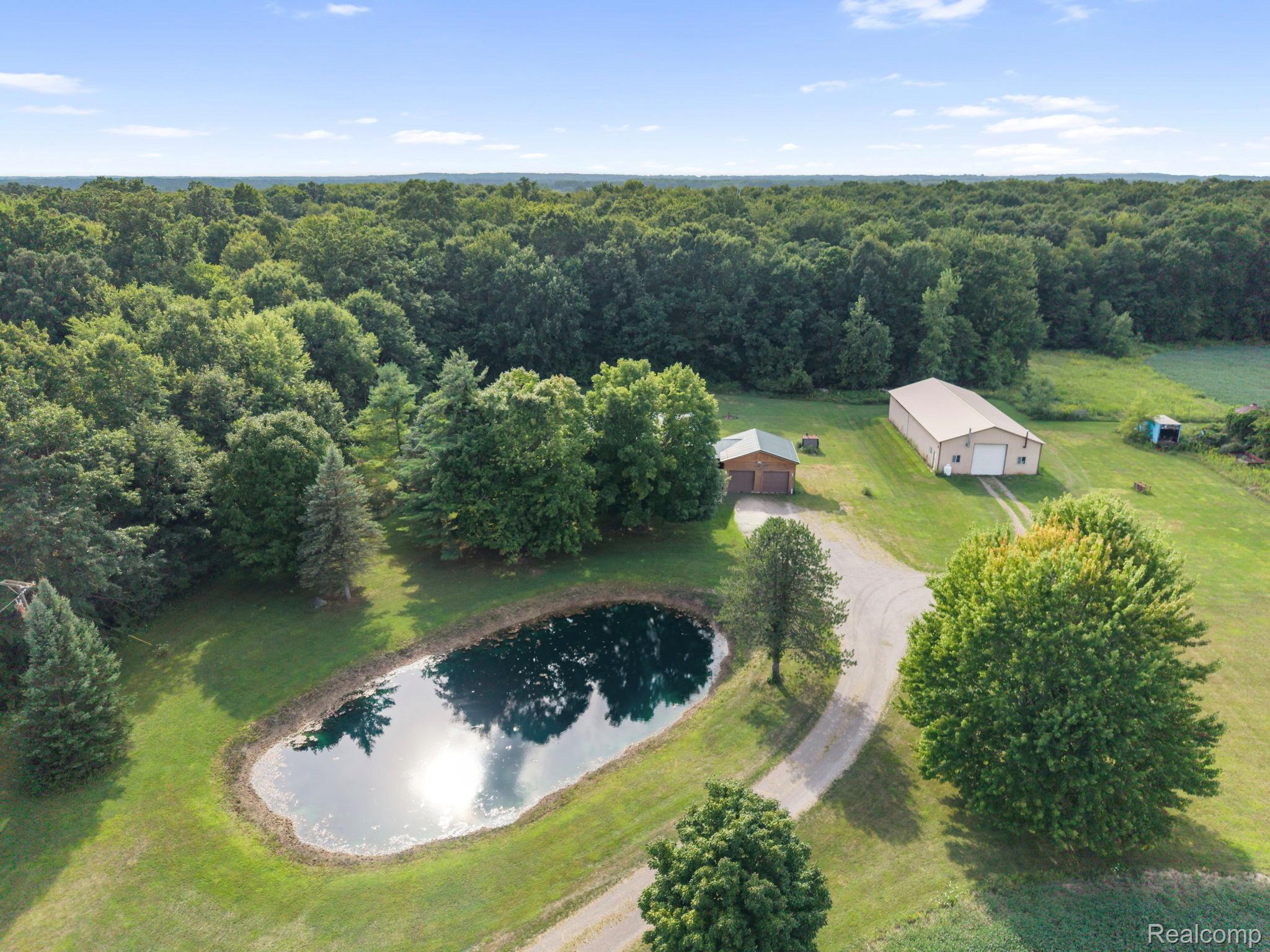 76565 McFadden Road Armada, MI 48005 - Photo 87 of 95 Private property featuring an extensive forested backdrop, a substantial outbuilding, a second garage structure, and a circular pond