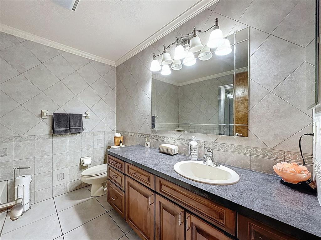 4289 Castle Avenue Spring Hill, FL 34609 - Photo 27 of 50 a bathroom with a granite countertop sink a toilet and a mirror