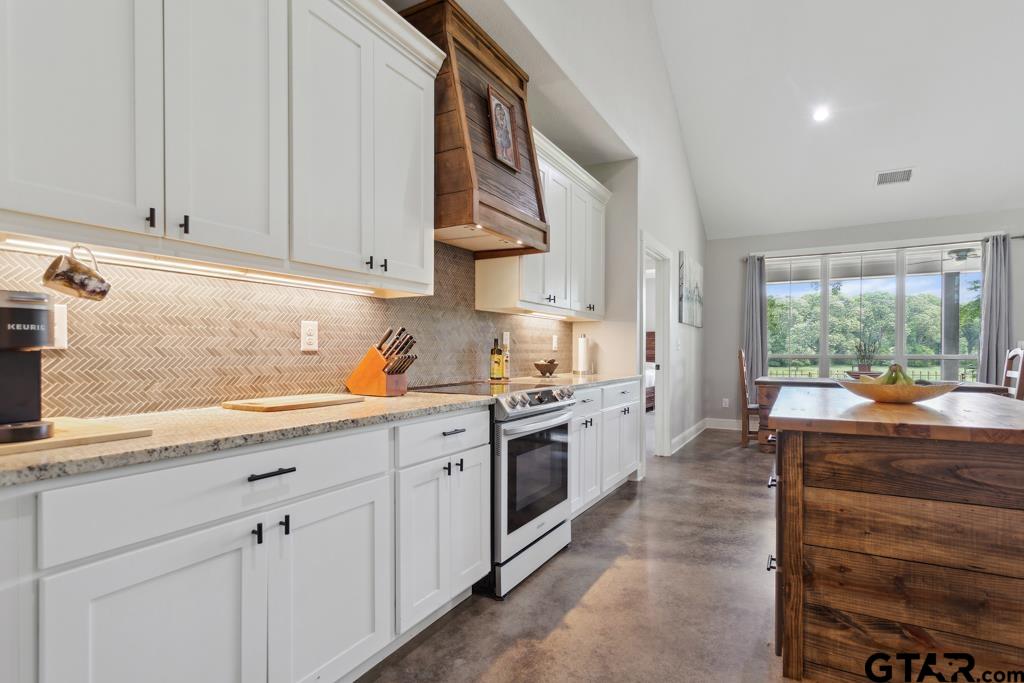 15767 County Road 285 Tyler, TX 75707 - Photo 41 of 44 a kitchen with stainless steel appliances granite countertop a stove a sink and white cabinets