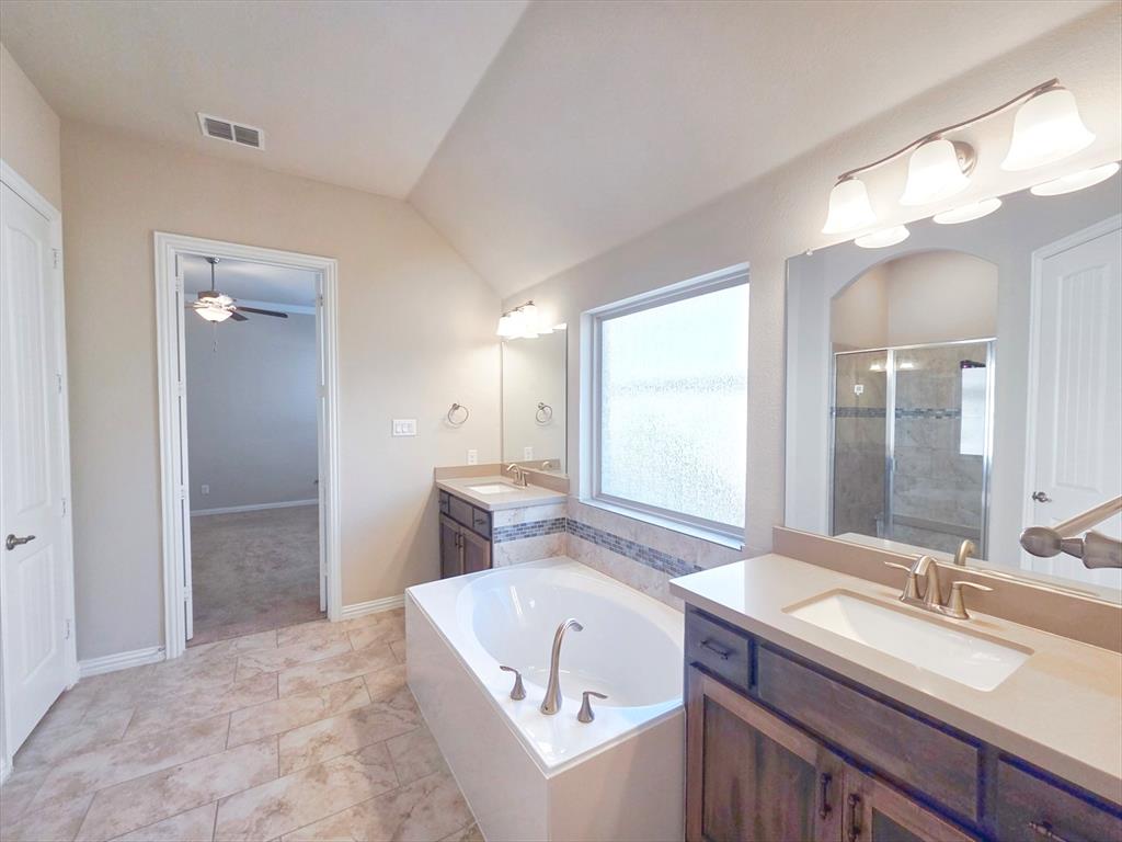 355 Prairie Ridge Lane Lewisville, TX 75056 - Photo 18 of 24 a spacious bathroom with a granite countertop sink mirror and bathtub