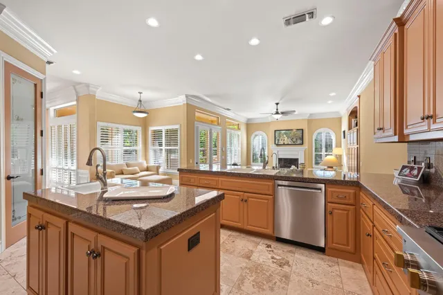 a view of a house with a small yard plants and a large tree