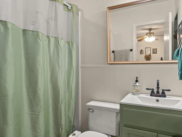 a bathroom with a sink a toilet and shower curtain