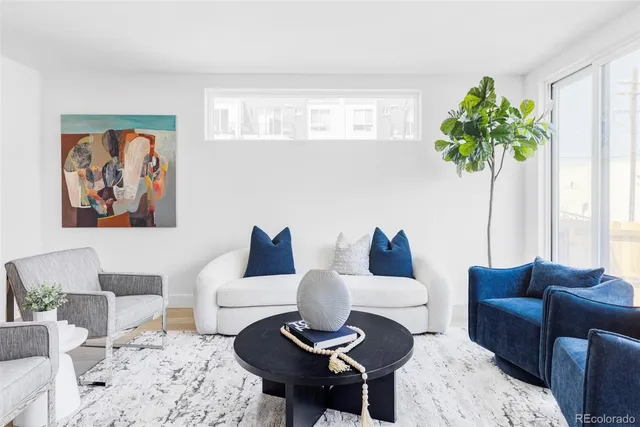 a living room with furniture and a potted plant