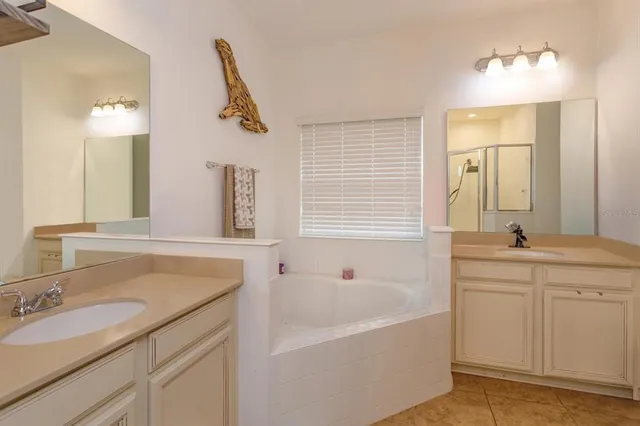 a bathroom with a tub sink and mirror