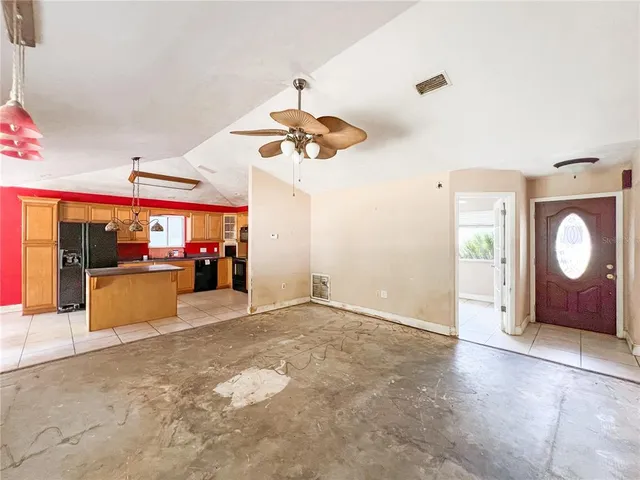 a view of a room with painted walls