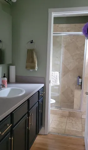 a bathroom with a sink and a mirror