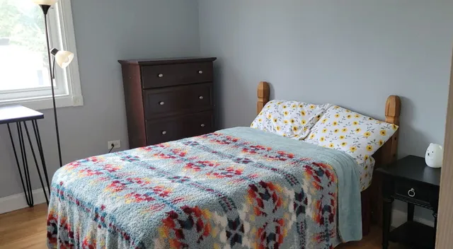 a bedroom with a bed and a dresser